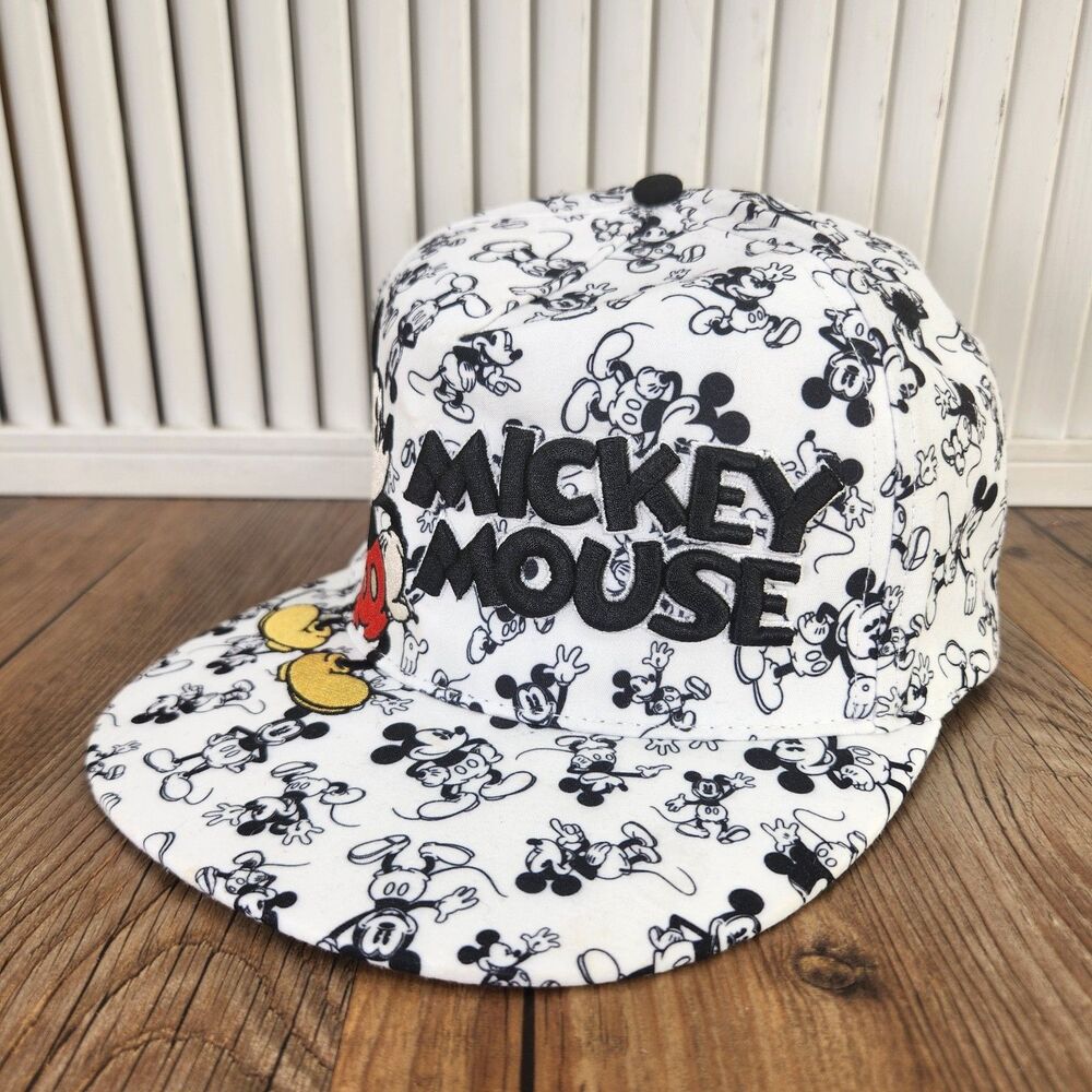 Disney Mickey Mouse All-Over Print Snapback Hat Black White Comic Sketch Cap
